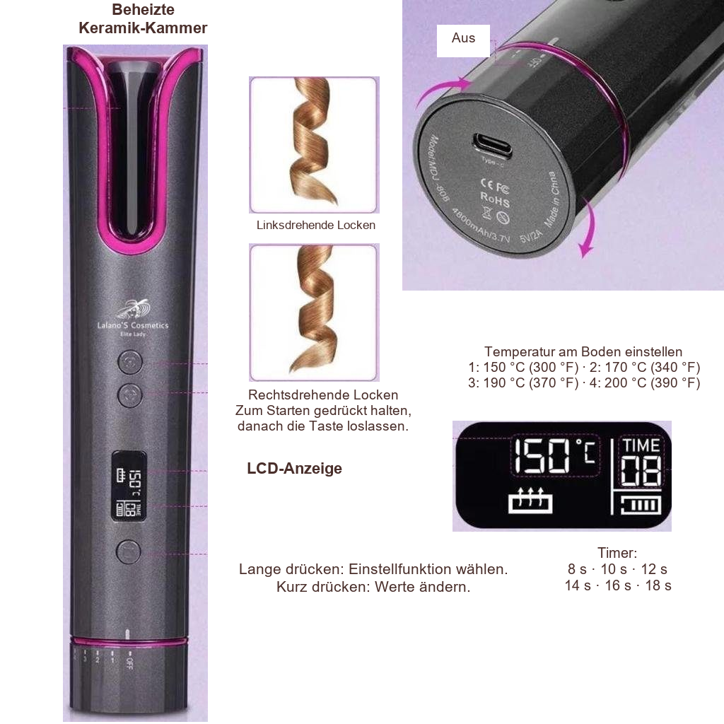 Smart Hair Curler - kabelloser Lockendreher – Display und Einstellungen