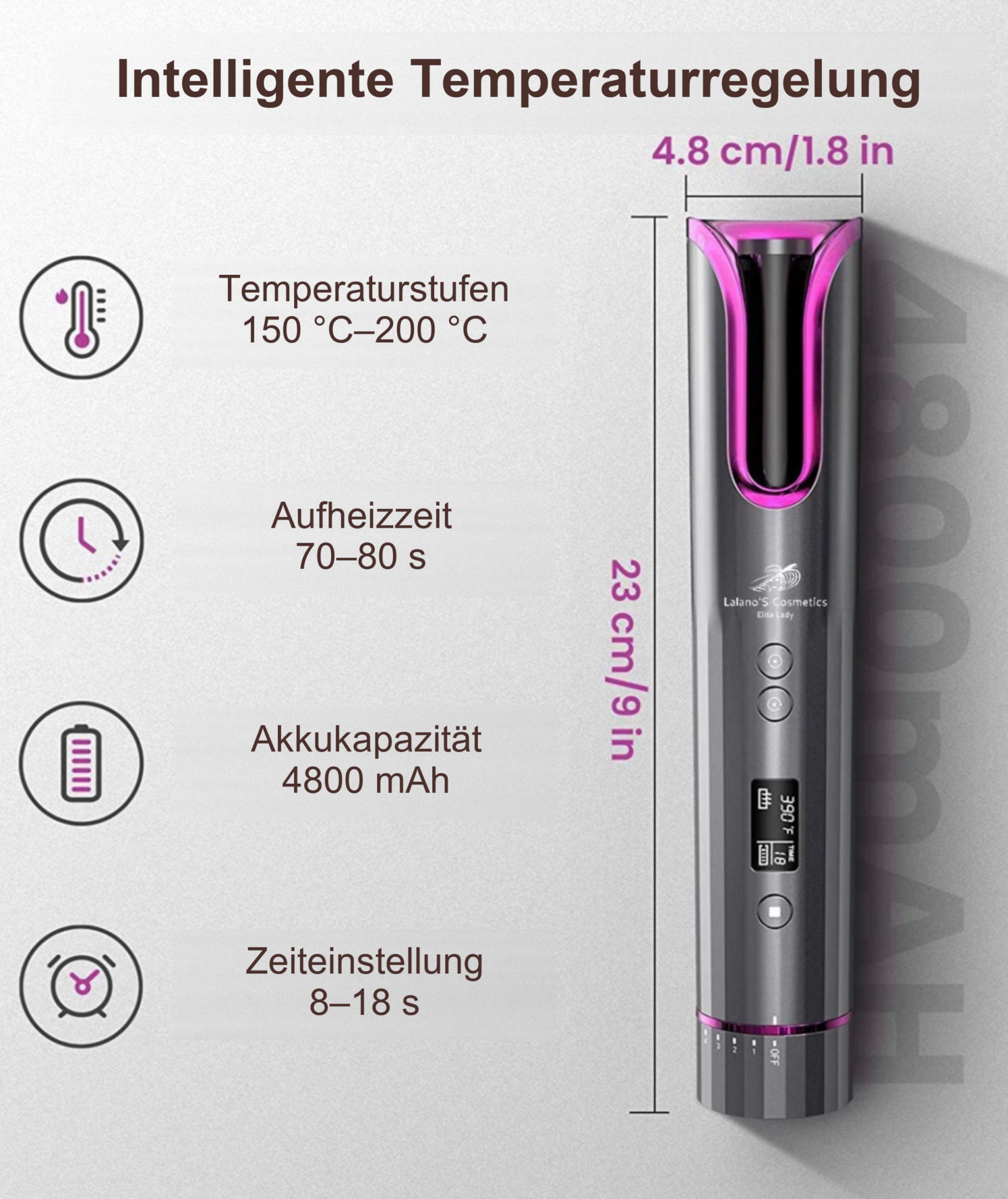 Smart Hair Curler - kabelloser Lockendreher – Maße, Temperatur, Laufzeit und Akku