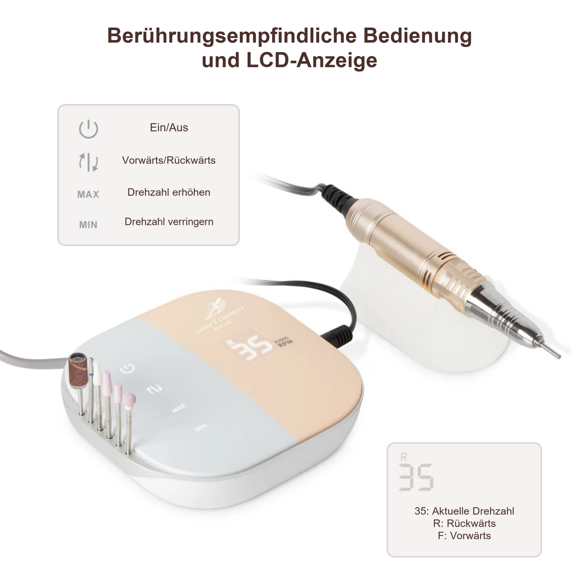 Nagelfräser - Maniküre & Pediküre Set – Station und Handstück mit Touch-Funktionen und LCD-Erklärung