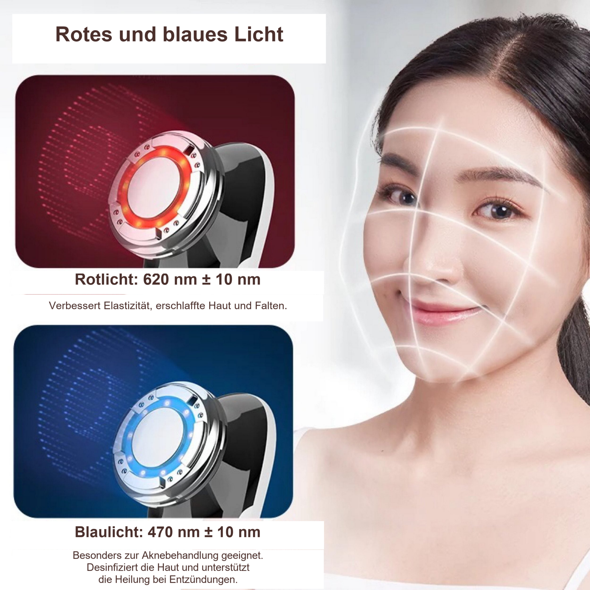 Anti-Aging-Gerät, EMS Hot & Cool – Rotes und blaues Licht am Gerätekopf mit Gesichtsmotiv