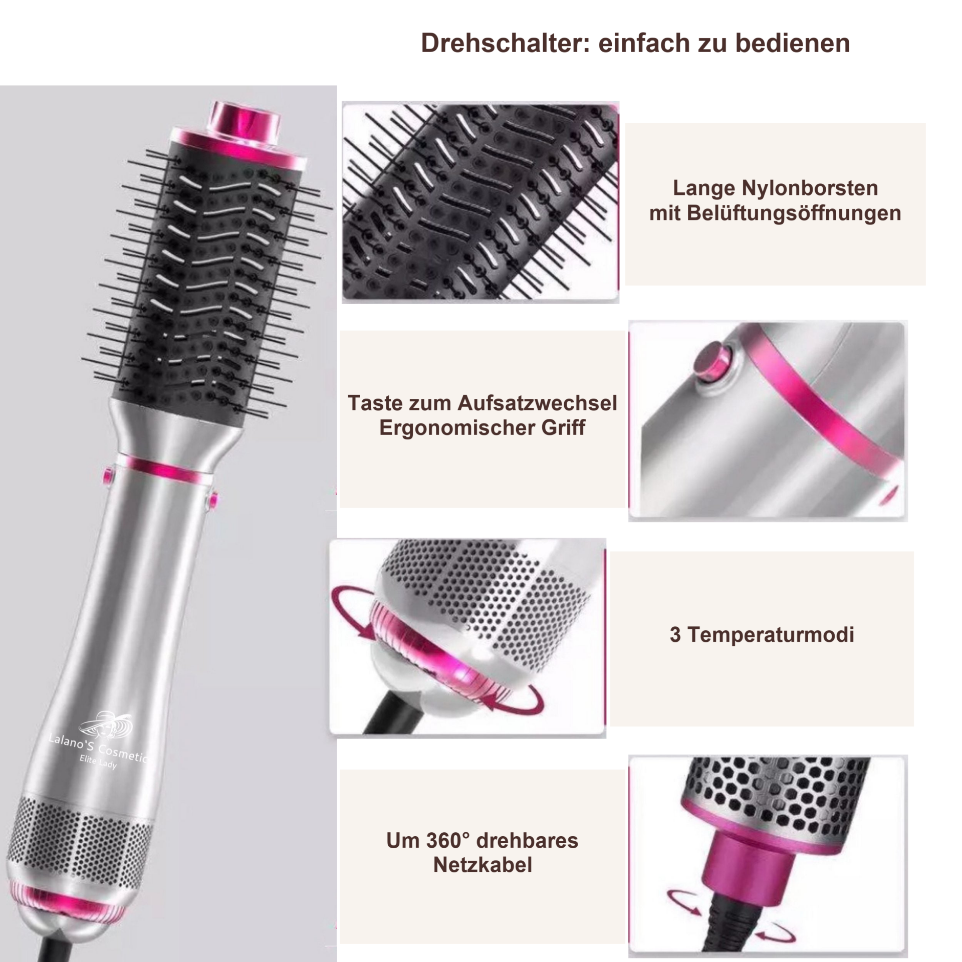 One Step Volumizer 4 in 1 Hairstylist, 1200 W – Vier Detailfenster zu Borsten, Aufsatzentriegelung, Regler und Kabel