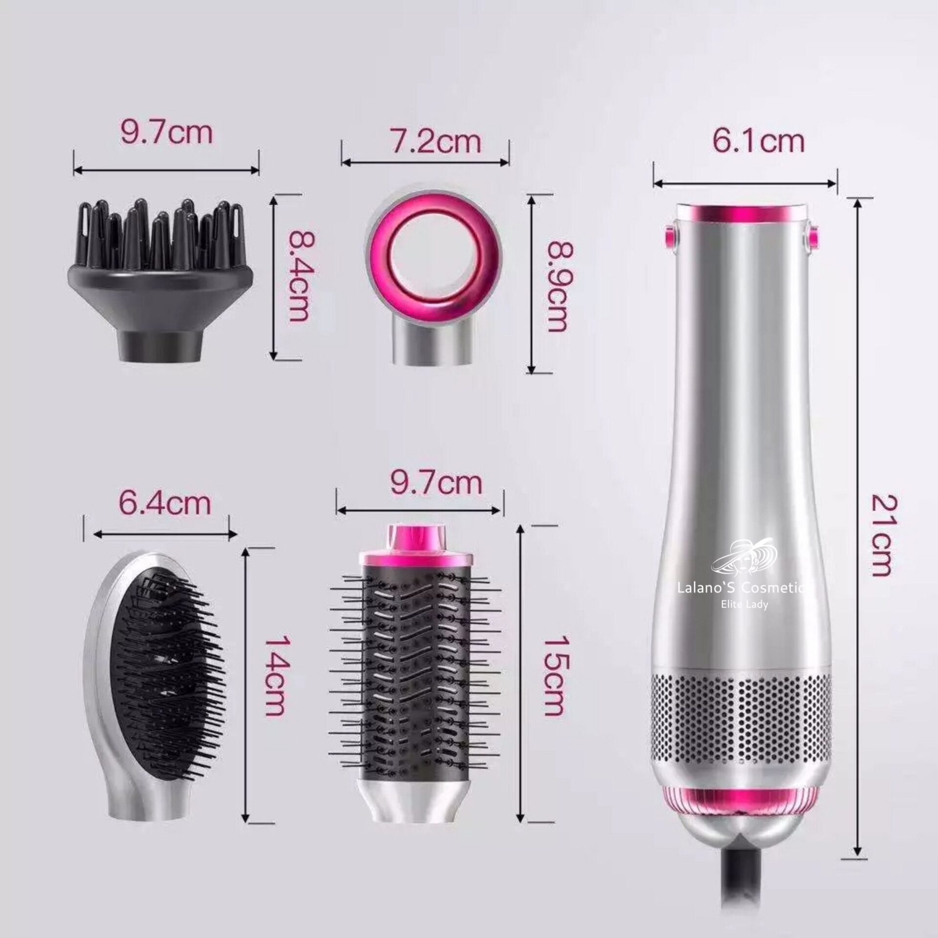 One Step Volumizer 4 in 1 Hairstylist, 1200 W – Maße des Handstücks und der vier Aufsätze