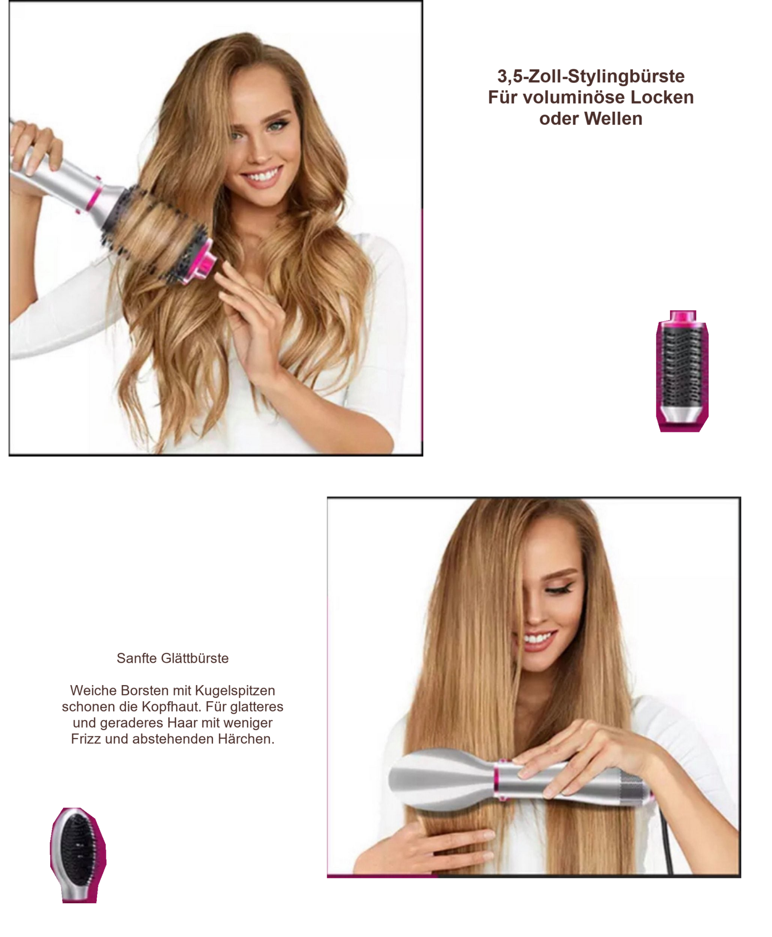 One Step Volumizer 4 in 1 Hairstylist, 1200 W – Styling mit Rundbürste und Glättbürste in zwei Anwendungsszenen