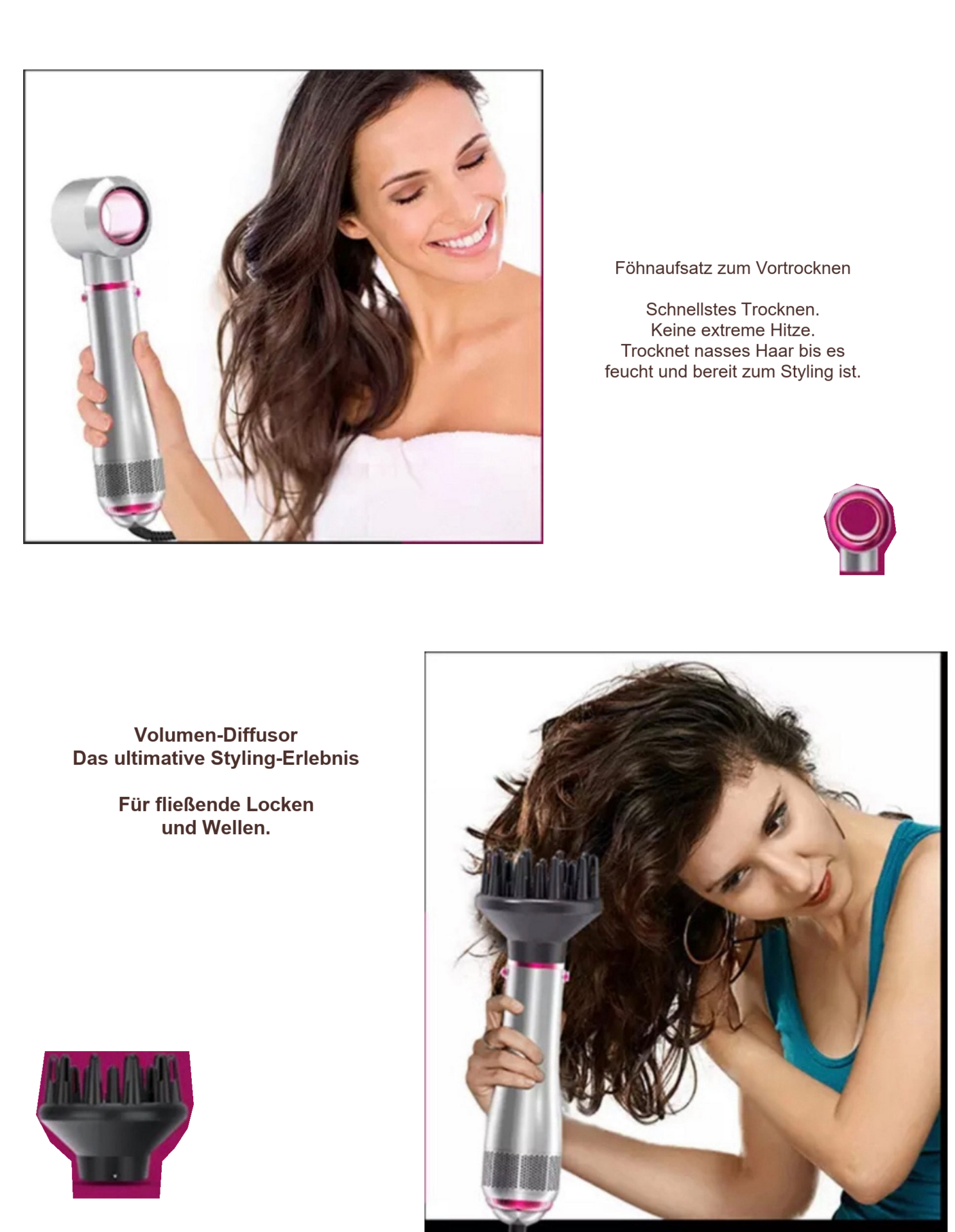 One Step Volumizer 4 in 1 Hairstylist, 1200 W – Vortrocknen und Diffusor-Anwendung in zwei Szenen