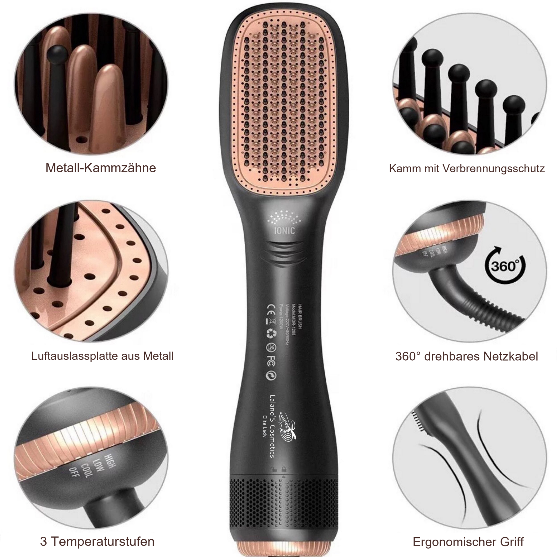 3 in 1 One Step Volumizer Hair Dryer 1200W – Bürstenkopf, Griff und Kabel