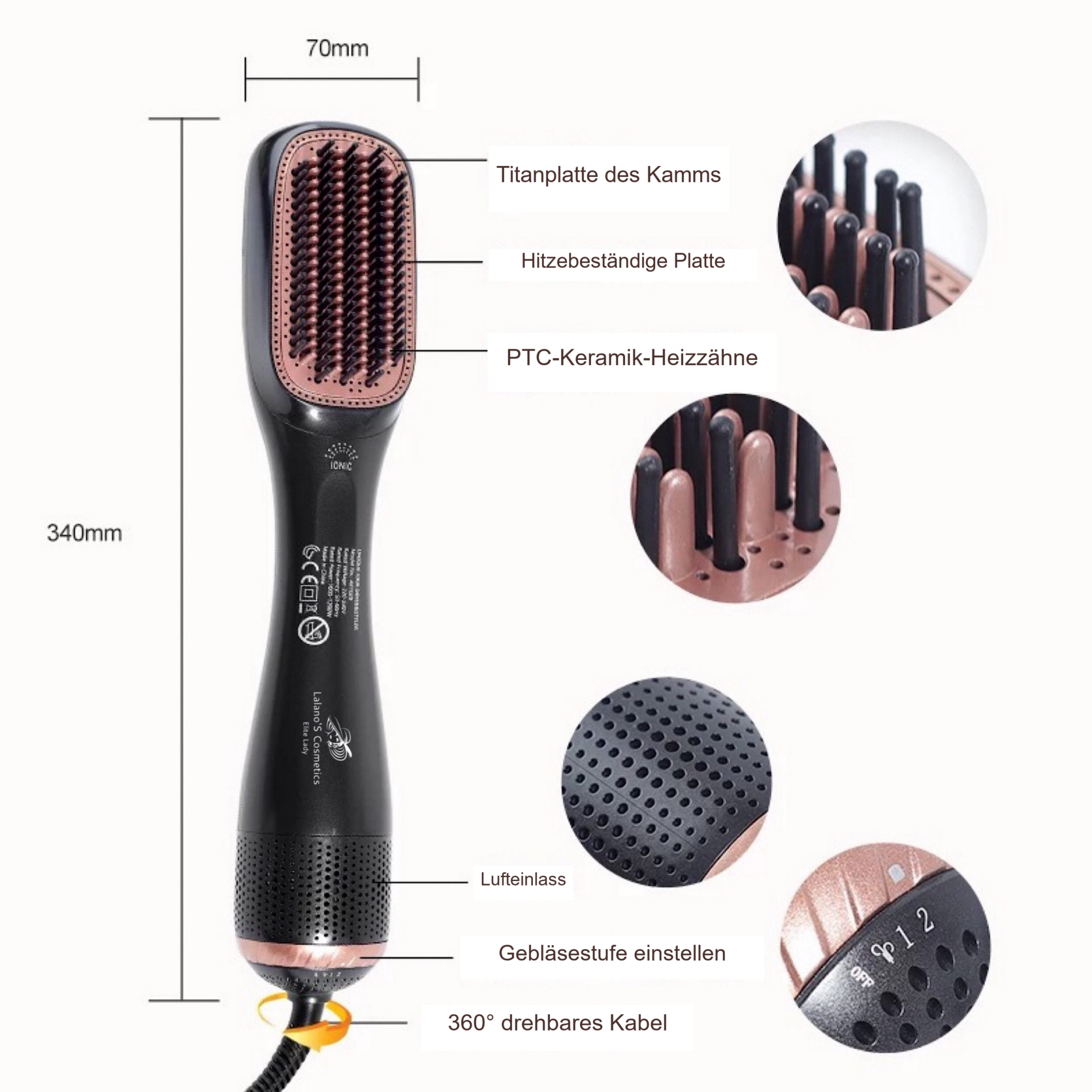 3 in 1 One Step Volumizer Hair Dryer 1200W – Bürstenmaße und Detailfenster zu Zähnen, Luftöffnungen und Regler