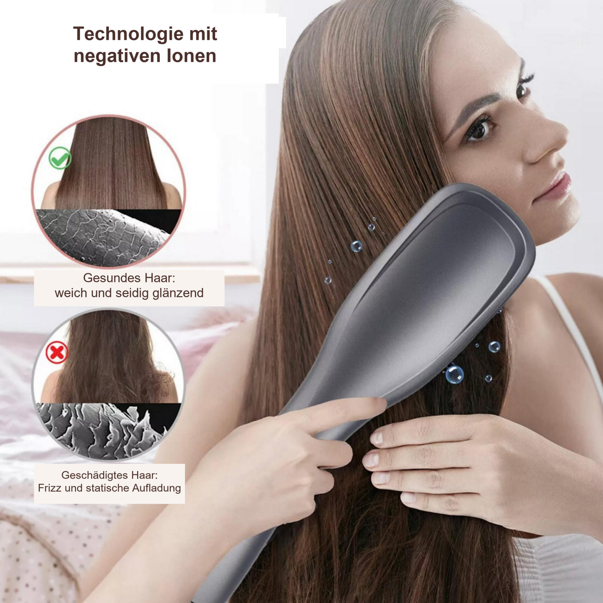 3 in 1 One Step Volumizer Hair Dryer 1200W – Anwendung mit Haarstruktur-Vergleich in zwei Detailfenstern