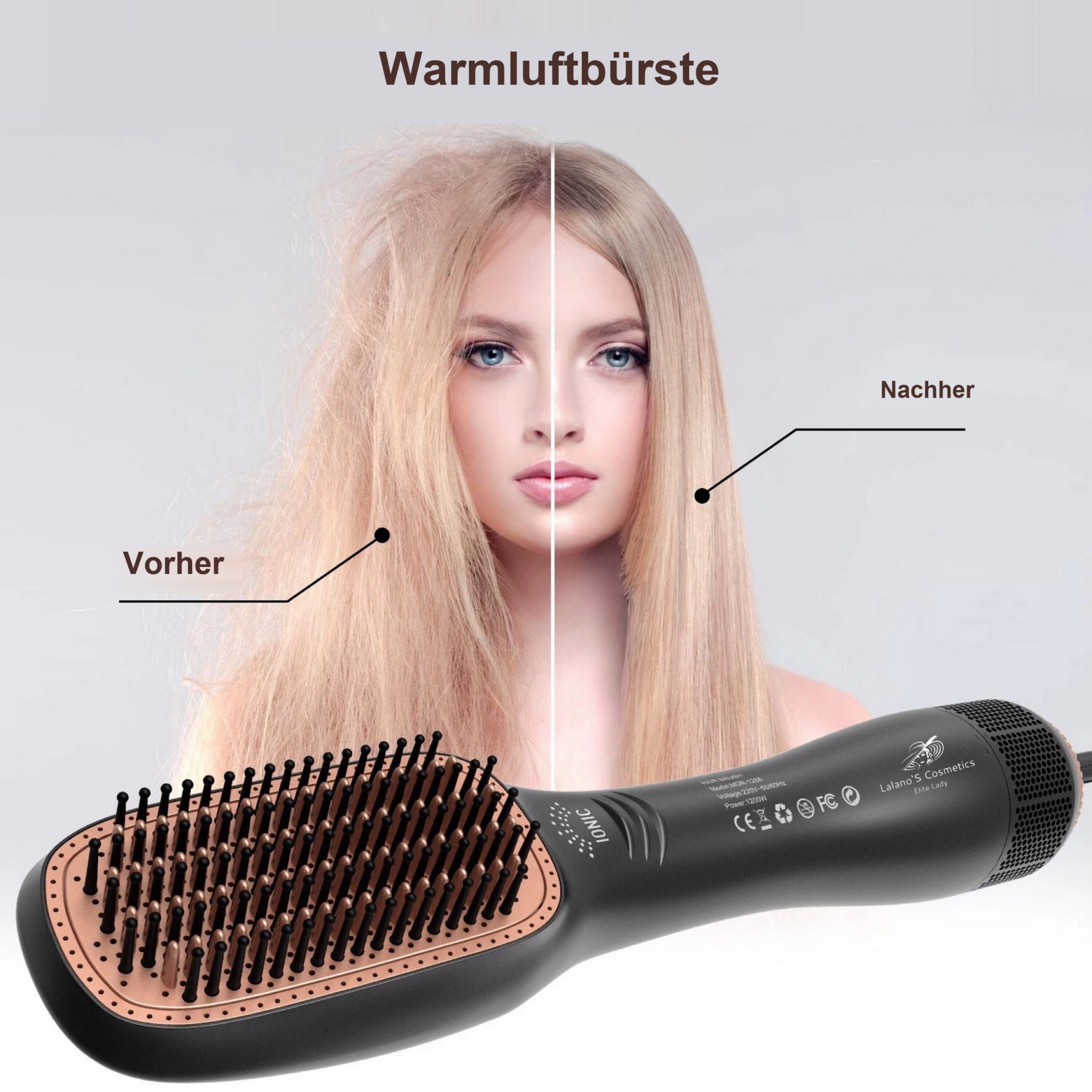 3 in 1 One Step Volumizer Hair Dryer 1200W – Geteiltes Vorher-Nachher-Porträt mit Bürste im Vordergrund