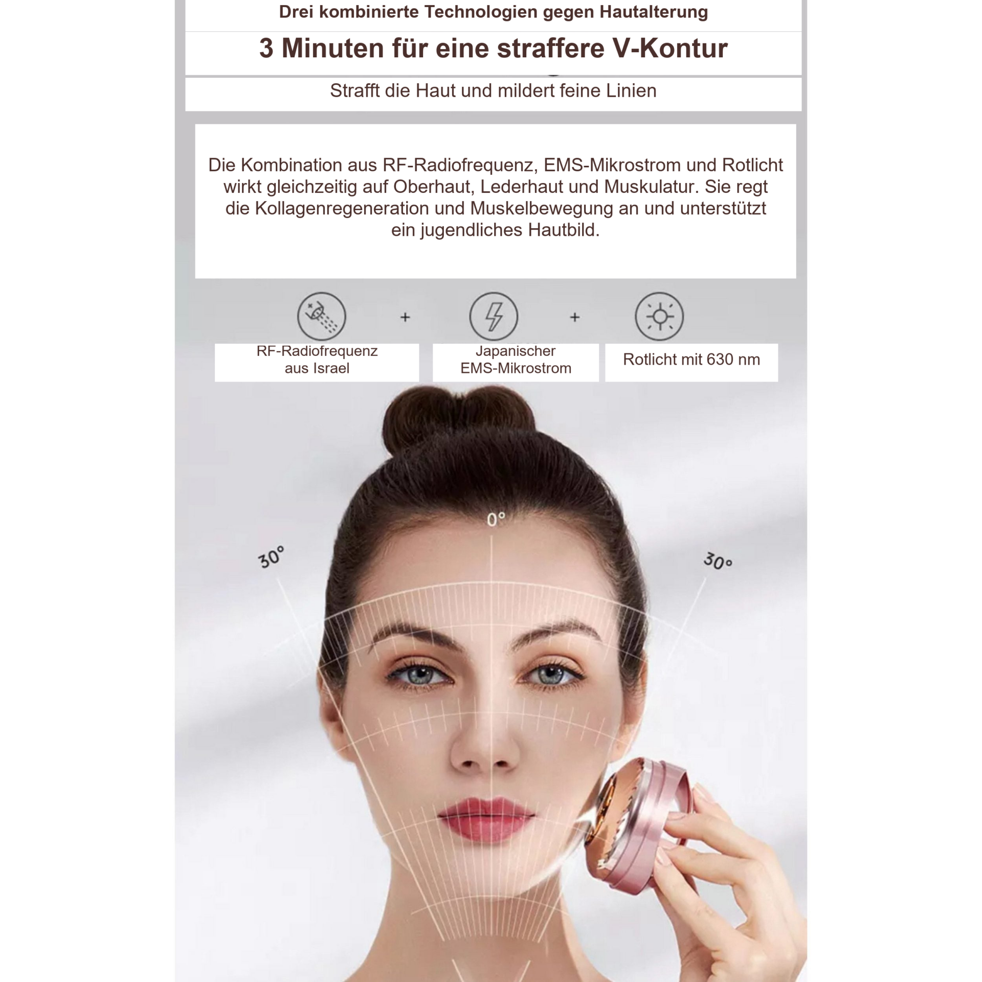 V-Face- dreifach Anti-Aging Gerät – Frontaler Anwendungsausschnitt mit markierter Gesichtskontur