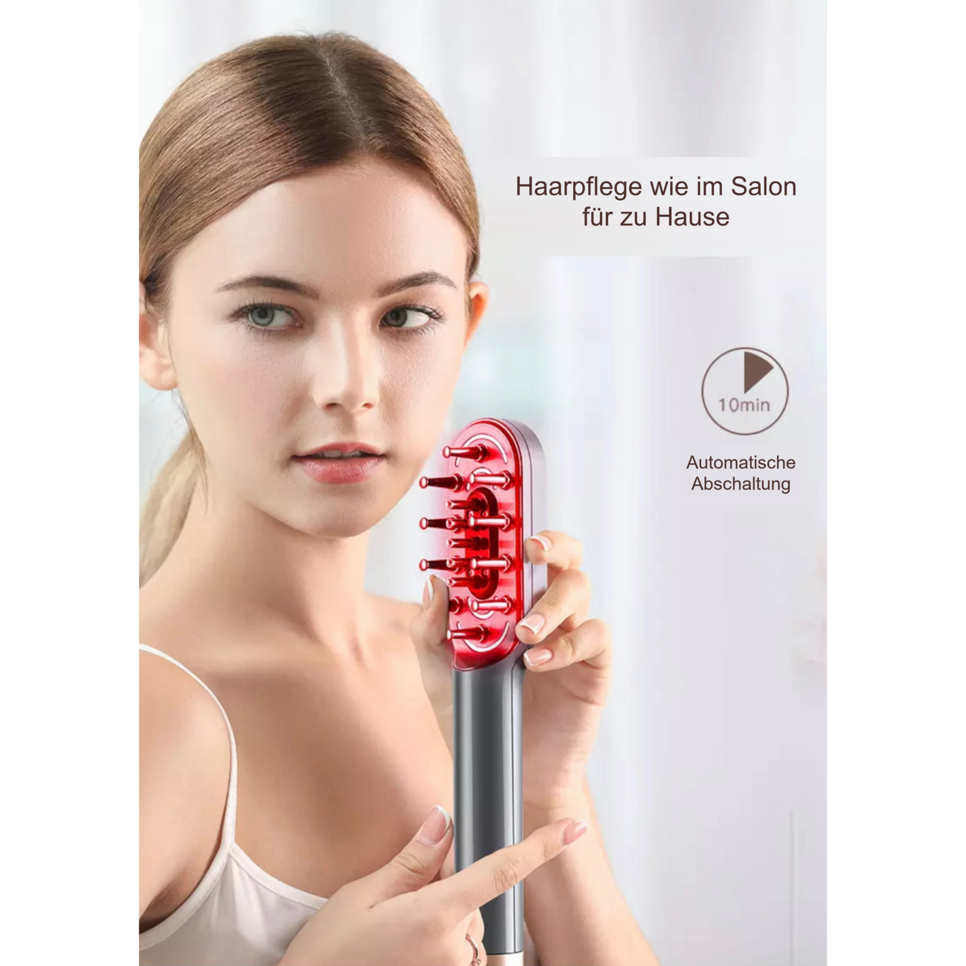 Hair PowerComb, Anti-Haarausfallbürste – Bürste mit beleuchtetem Kopf neben Beauty-Porträt