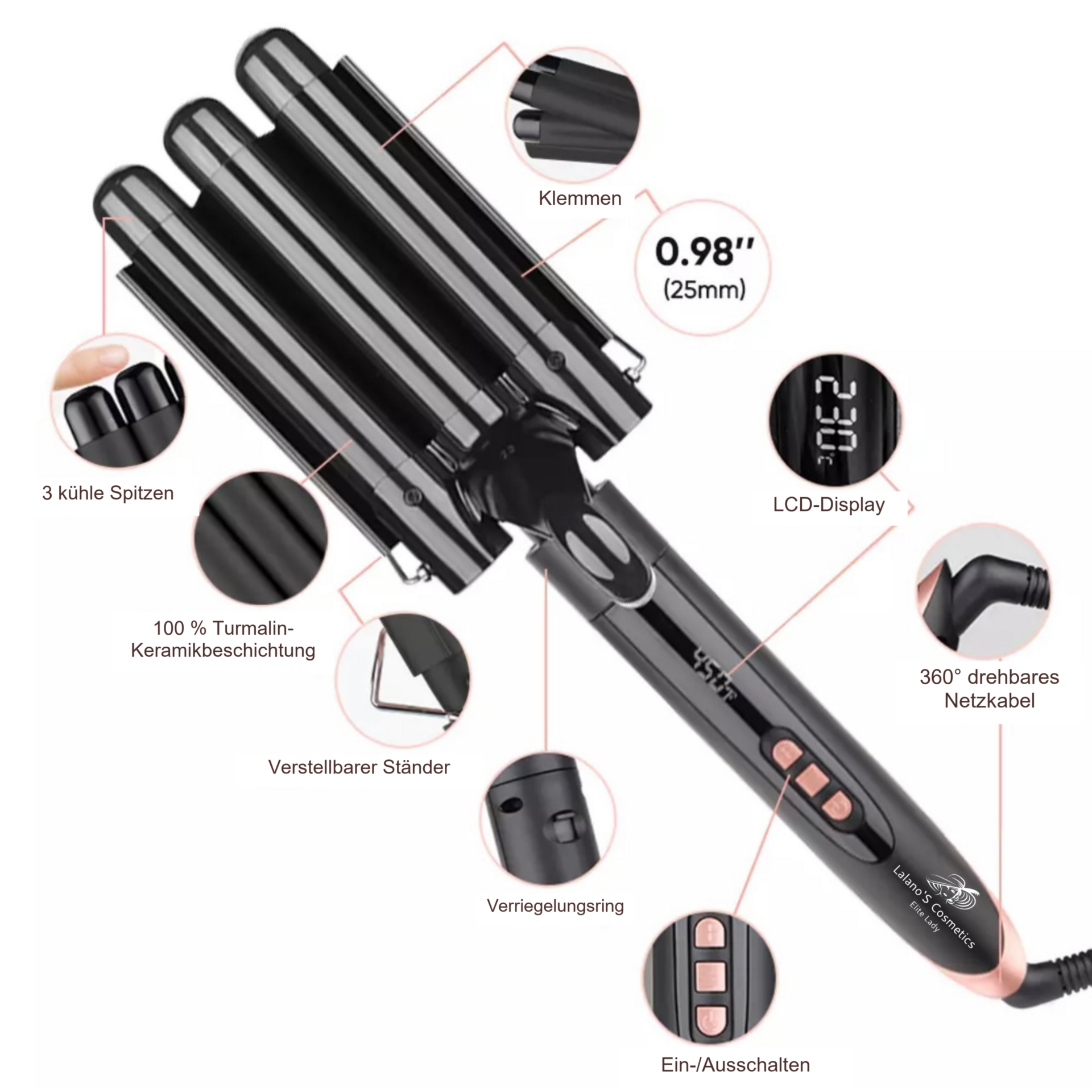 Lockenstab 5 in 1 Multifunktion Lockenstylist – Display und Bauteile
