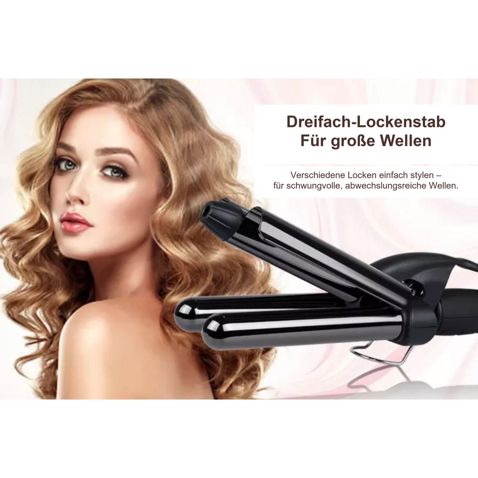 Lockenstab 5 in 1 Multifunktion Lockenstylist – Große Wellenfrisur mit angesetztem Dreifach-Lockenaufsatz