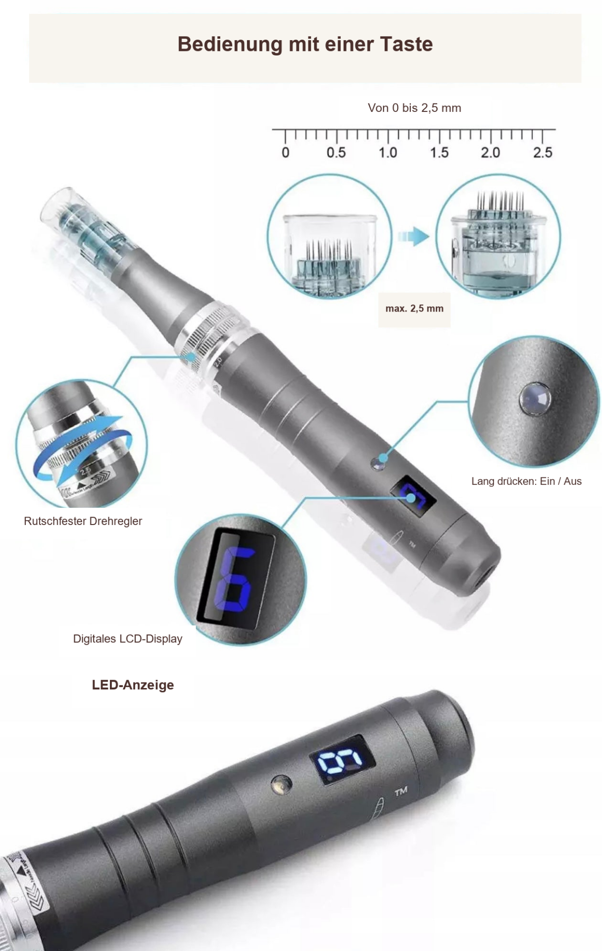 Micro-Needling Doktor Needle Pen, Derma Pen – Ein-Tasten-Bedienung, Tiefeneinstellung und LED-Anzeige