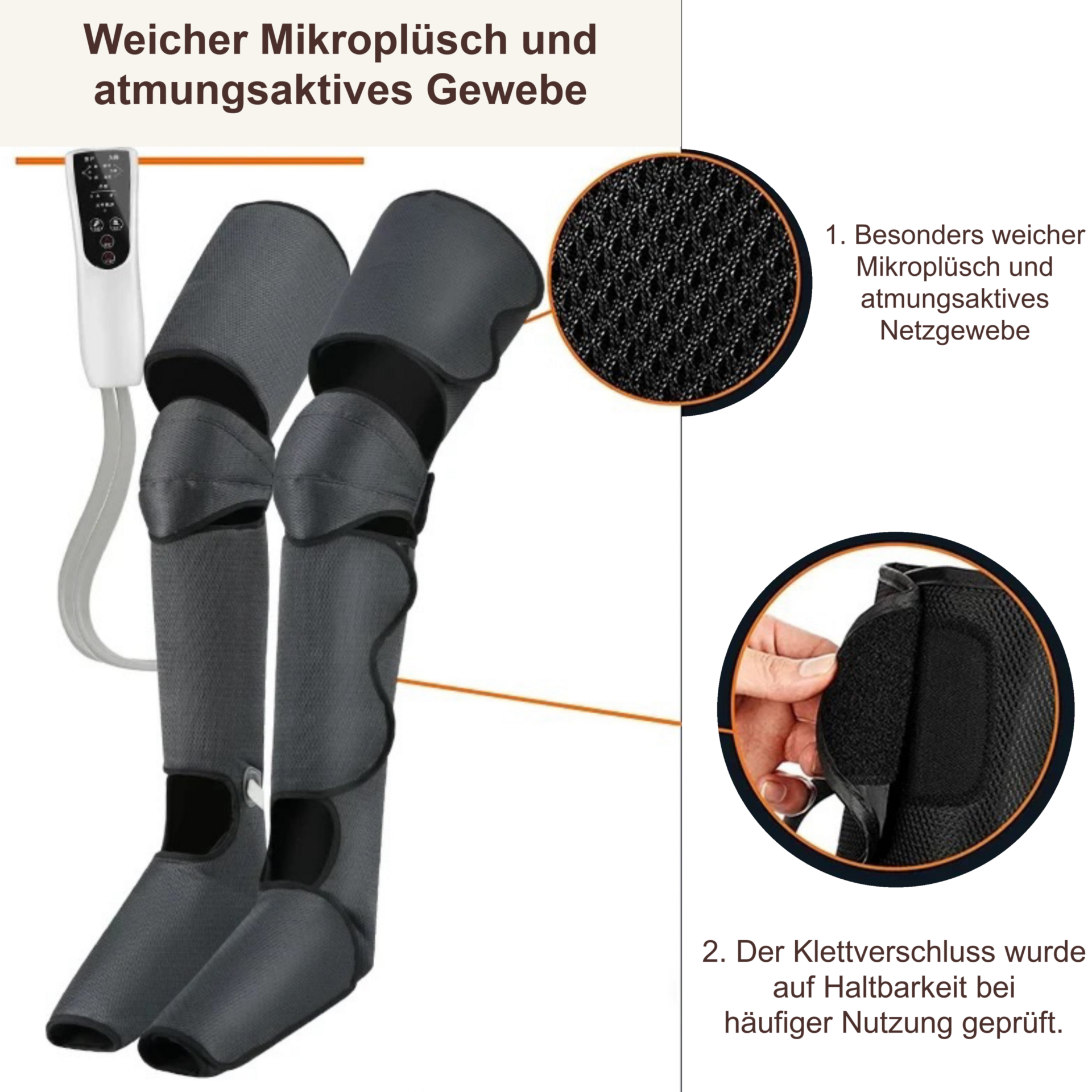 Lymphdrainage & Therapiegerät – Mikroplüsch, Netzgewebe und Klettfläche vergrößert