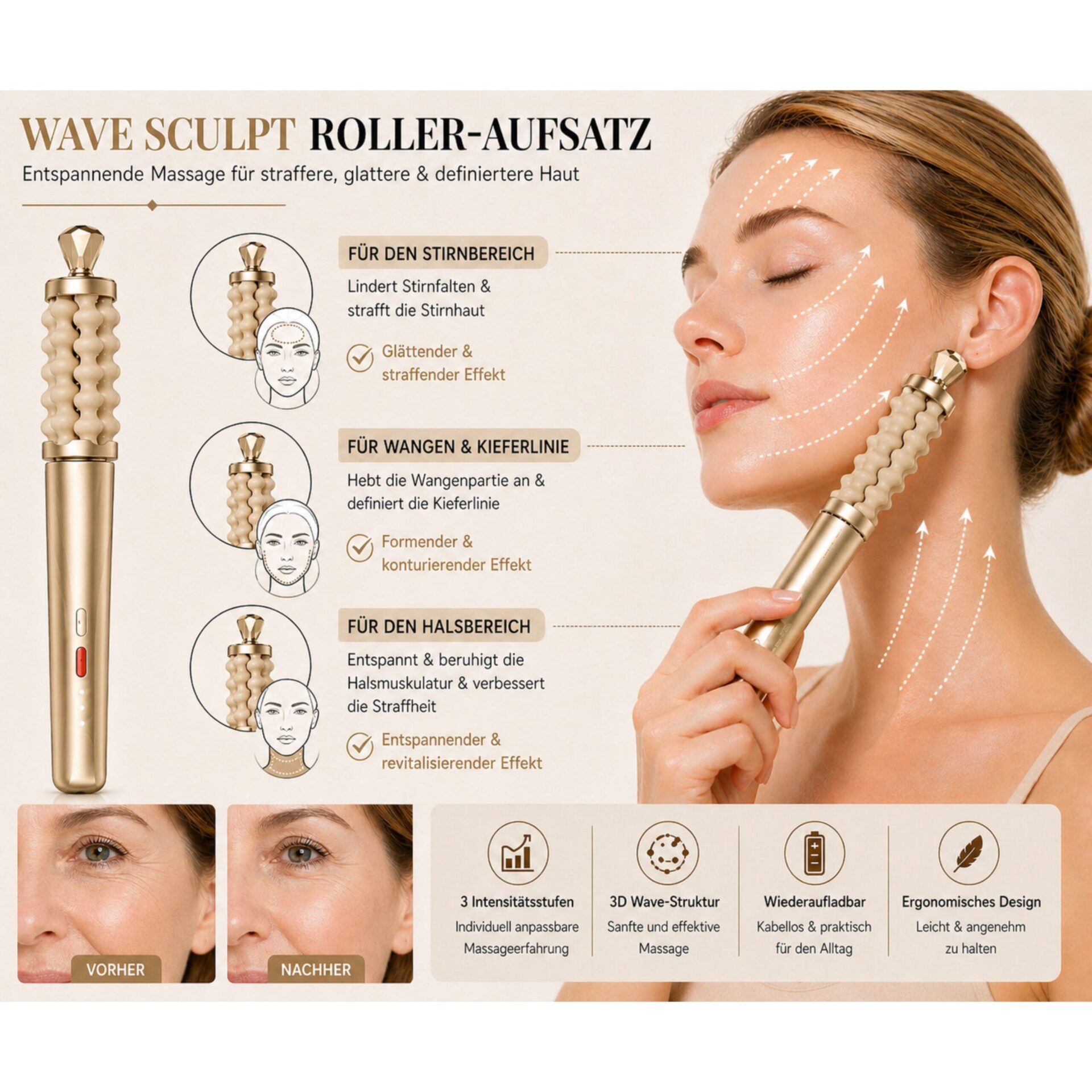 Gesichtsmassagegerät 2-in-1 Beauty Massager Lalano’S Cosmetics Sculptlift Pro – Wellenroller mit Gesichtszonen und Ergebnisdetail