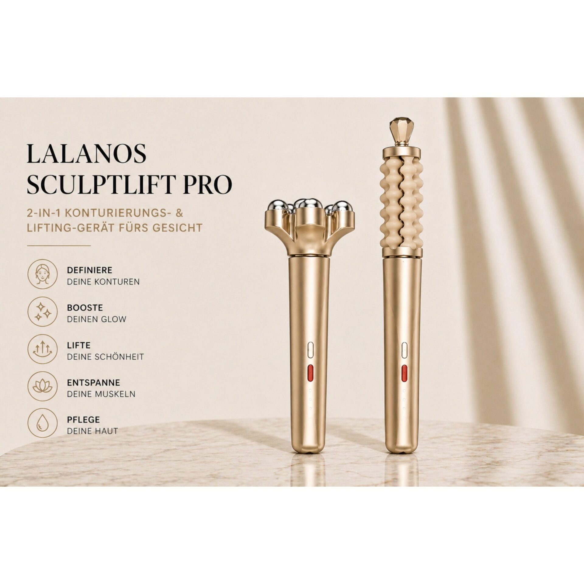 Gesichtsmassagegerät 2-in-1 Beauty Massager Lalano’S Cosmetics Sculptlift Pro – Beide Sculptlift-Aufsätze in heller Produktinszenierung