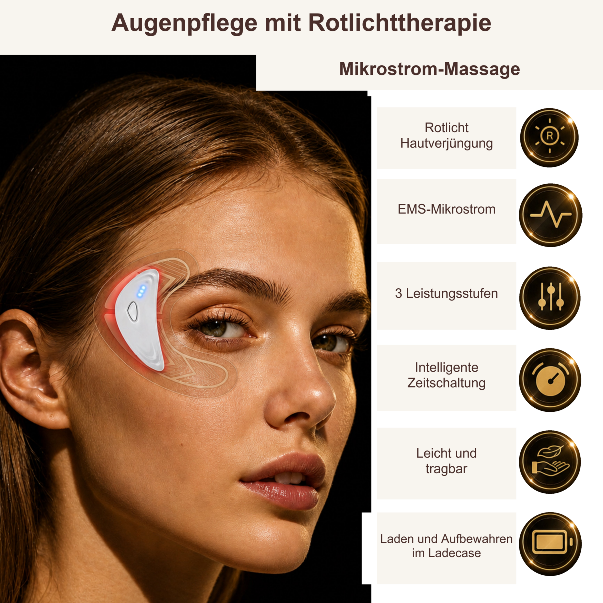 Gesichtsmassagegerät LUMIÉRA EyeLift Pro Augenmassagegerät mit Rotlicht & Mikrostrom – Pad seitlich an der Augenpartie