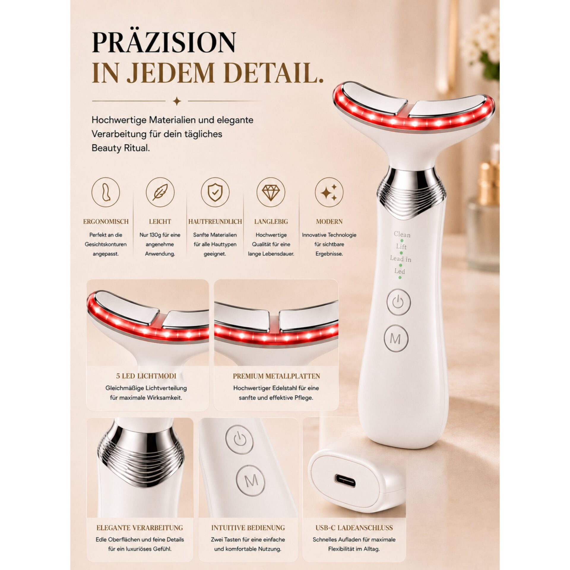 Gesichtsmassagegerät ÉLEVIA Face & Neck Sculptor mit EMS, Wärmefunktion & Vibrationsmassage – Kopf und Geräteform