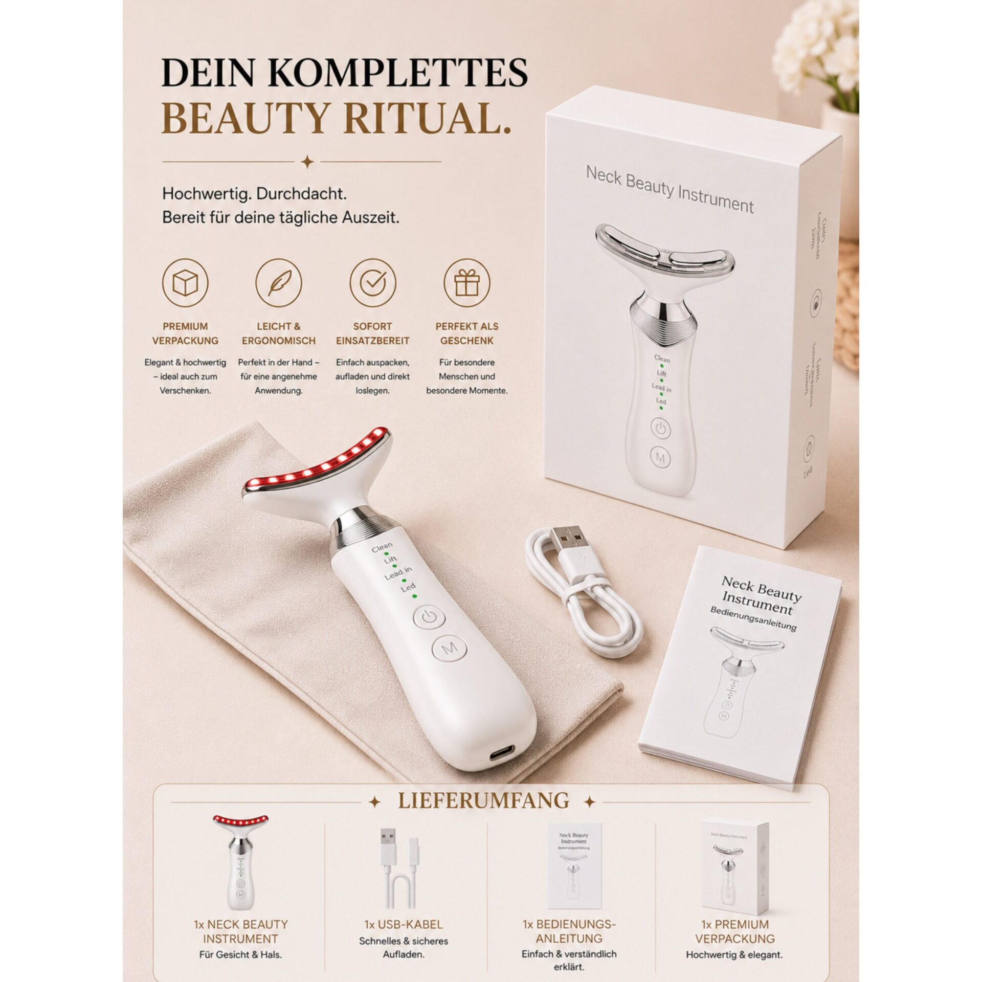 Gesichtsmassagegerät ÉLEVIA Face & Neck Sculptor mit EMS, Wärmefunktion & Vibrationsmassage – Set und Verpackung