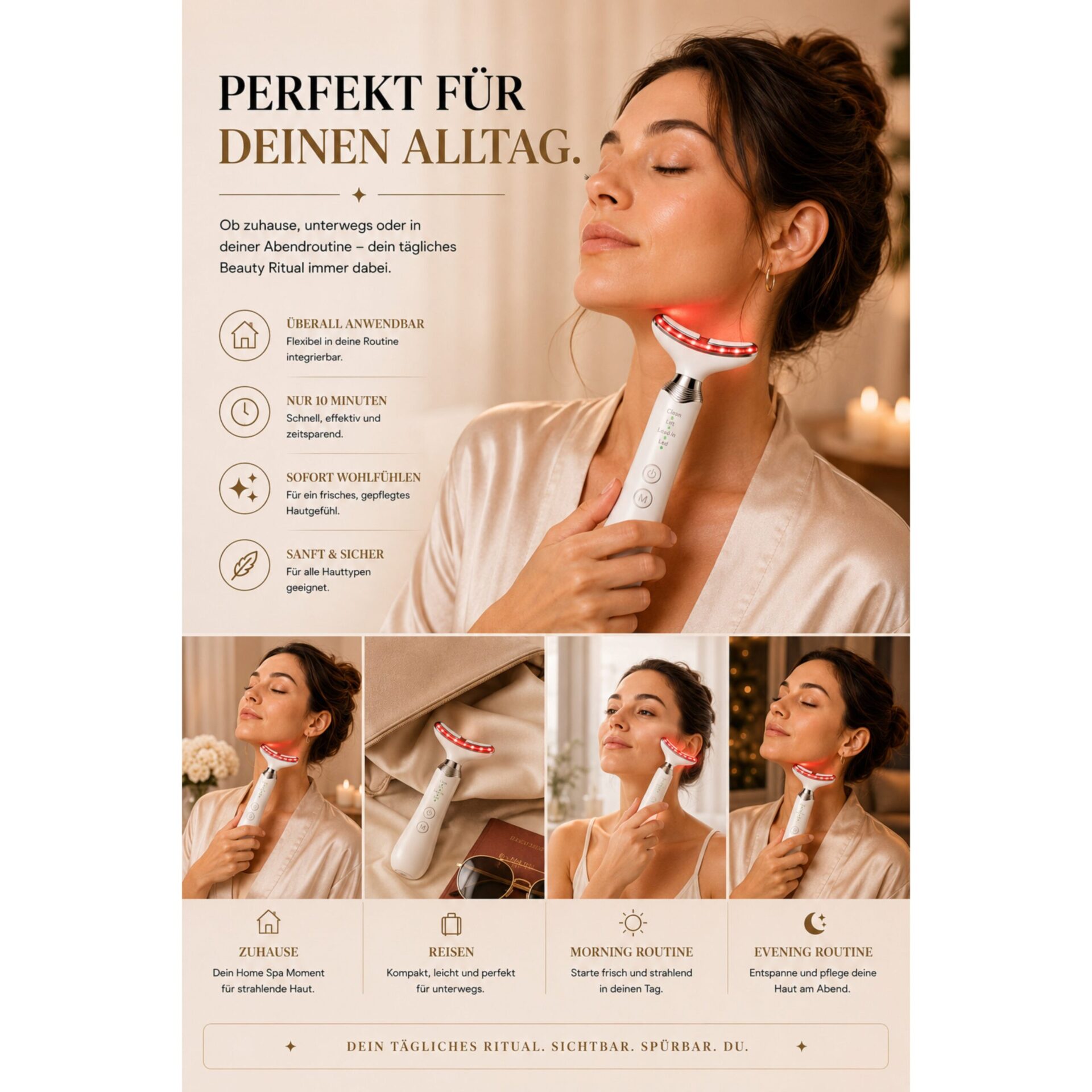 Gesichtsmassagegerät ÉLEVIA Face & Neck Sculptor mit EMS, Wärmefunktion & Vibrationsmassage – verschiedene Bereiche im Alltag