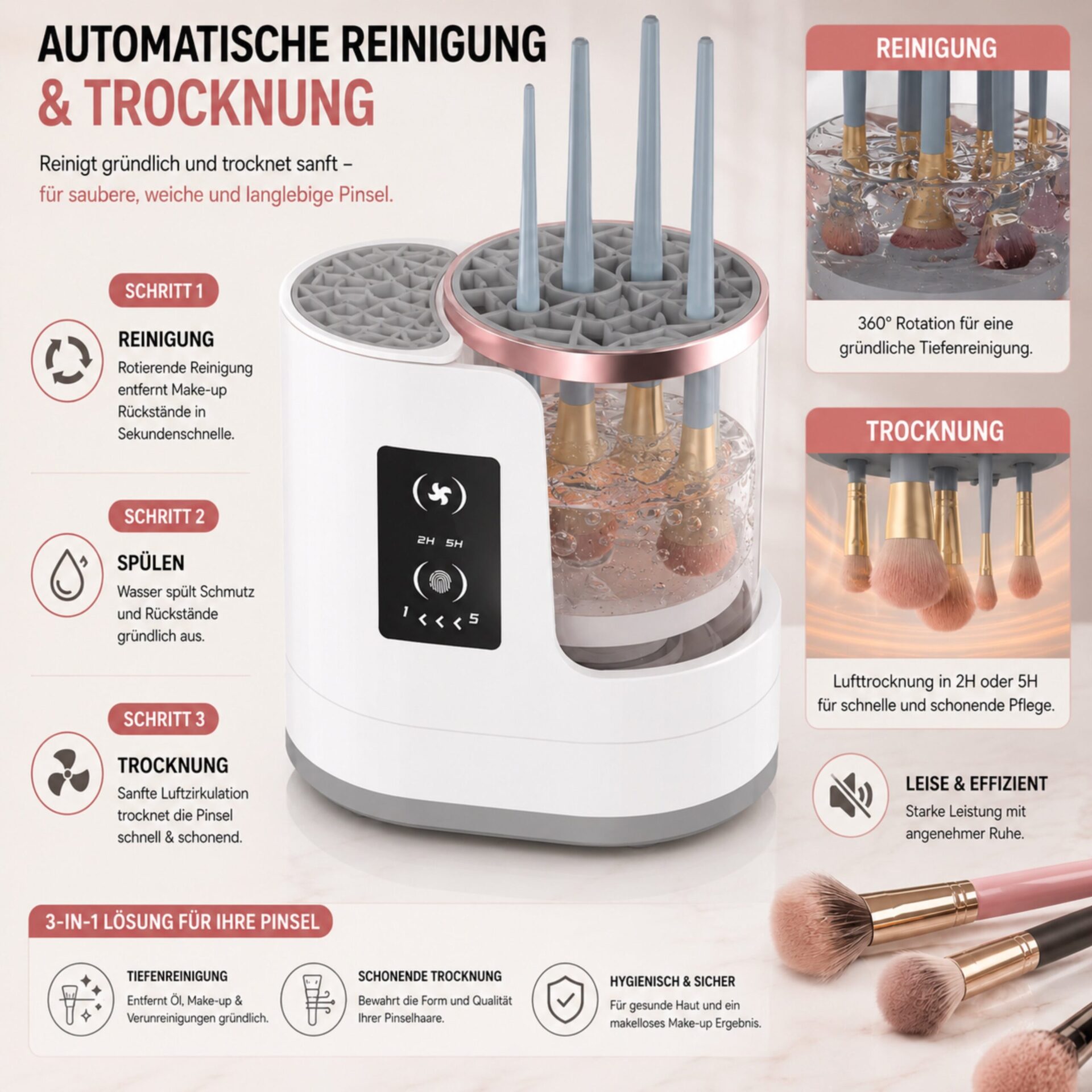 Kosmetikpinsel-Set LUMIBRUSH 3-in-1 Pinselreiniger & Trockner – Reinigung und Trocknung im Detail