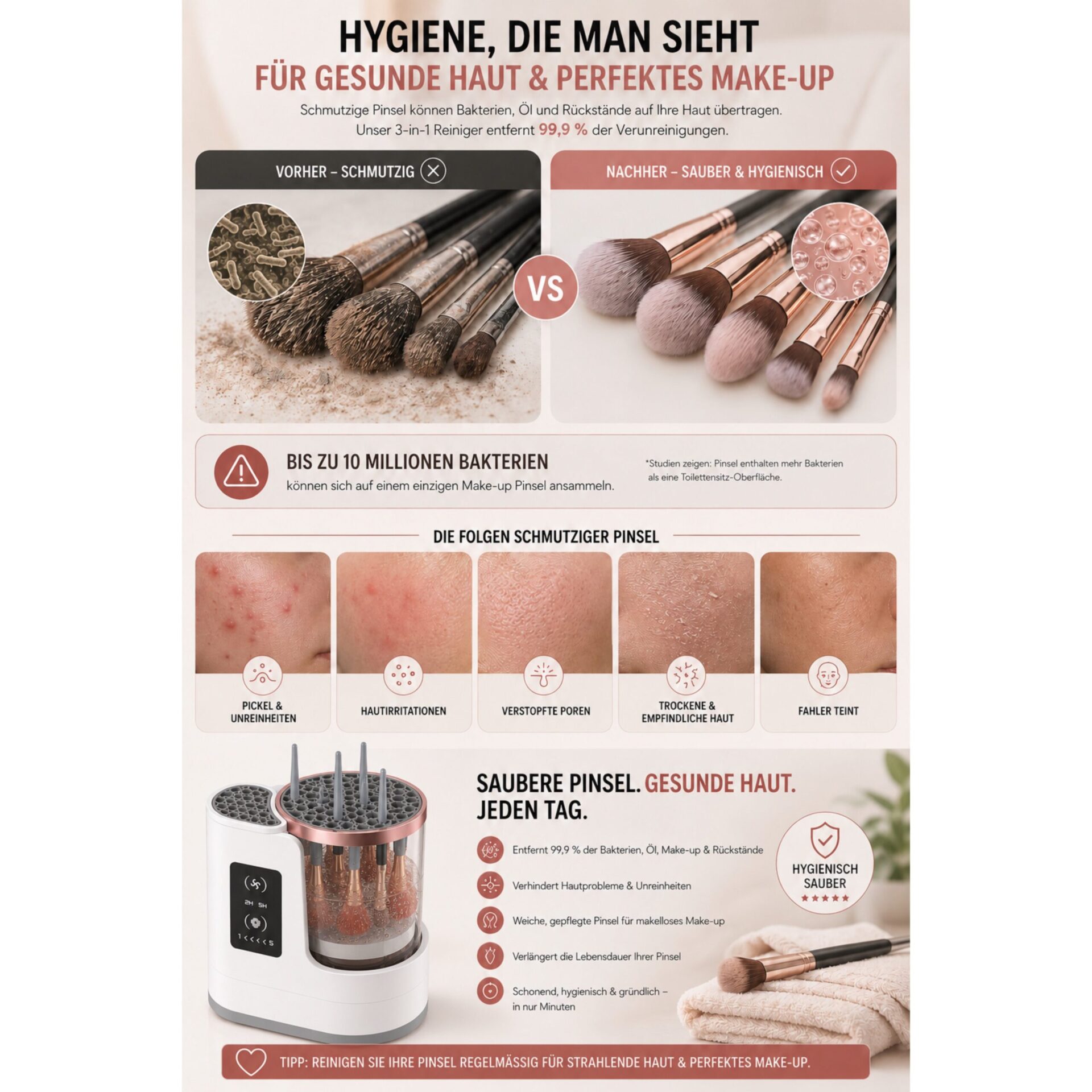 Kosmetikpinsel-Set LUMIBRUSH 3-in-1 Pinselreiniger & Trockner – verschmutzte und gereinigte Pinsel