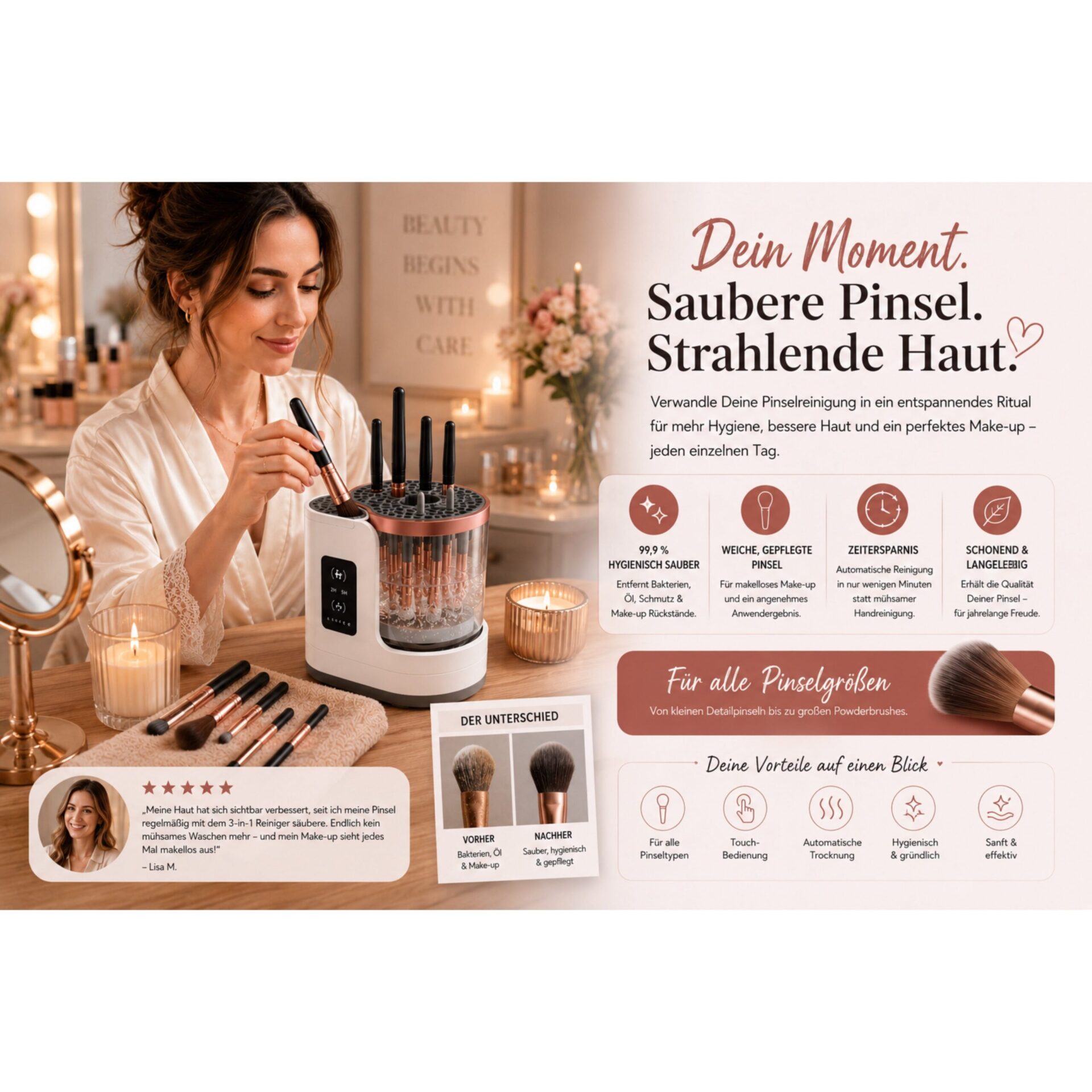 Kosmetikpinsel-Set LUMIBRUSH 3-in-1 Pinselreiniger & Trockner – Pinselpflege mit Erläuterungen