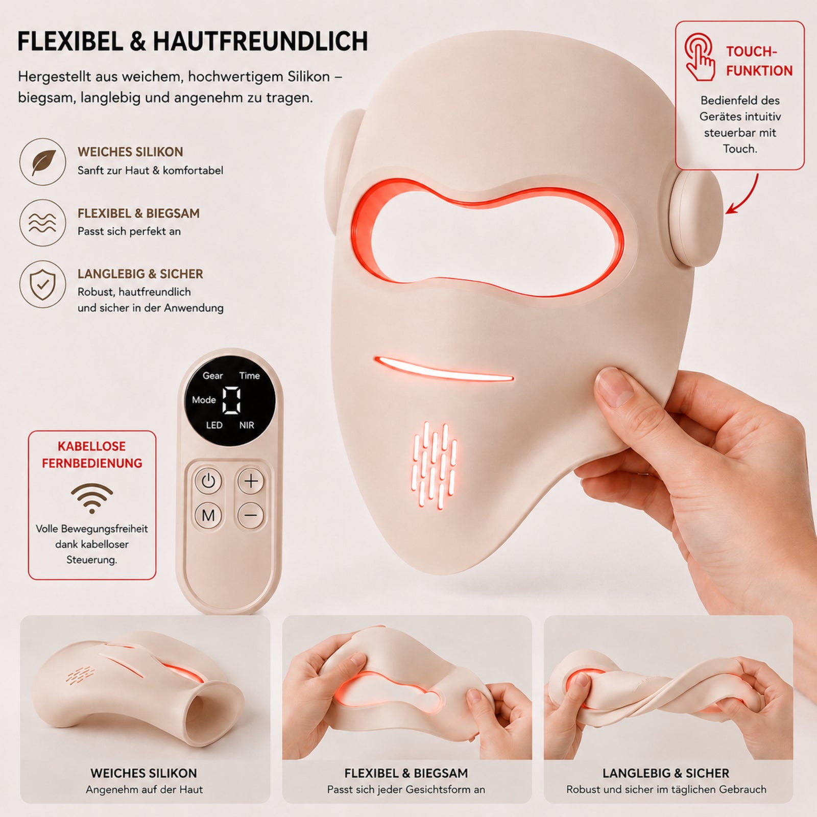 LUMIVANCE – flexible LED-Maske aus Silikon mit kabelloser Fernbedienung